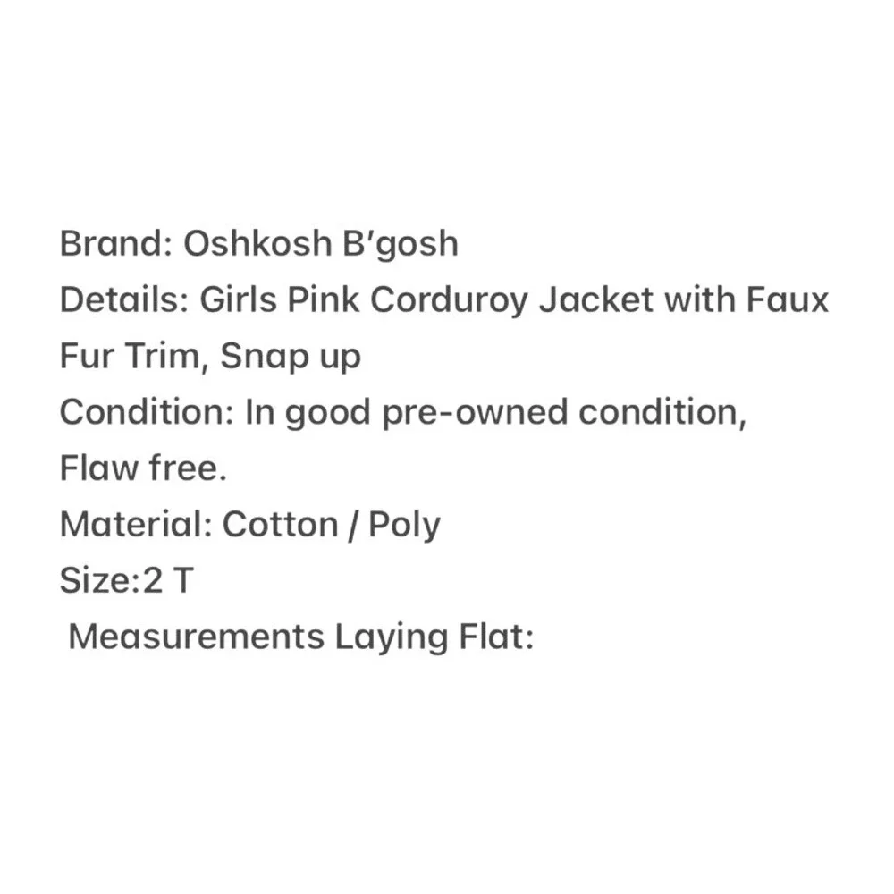 OshKosh Bgosh Girls Pink Corduroy Jacket Sherpa Fleece Collar Snap Front 2T